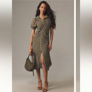 Puff-Sleeve Ruched Mesh Midi Shirt Dress